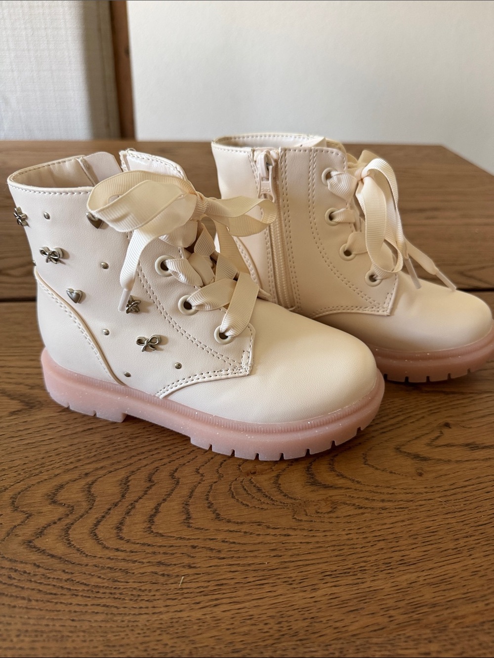 Cat & Jack Cream Lace-Up Kids Ankle Boots with Pink Sole